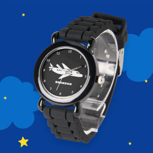 Montre Enfants Avion Garçons Noir Nom Personnalisé