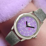 Montre Enfants filles pourpre trois papillons et nom<br><div class="desc">Les enfants de l'art graphique regardent avec trois simples papillons en rose, violet et blanc. Idéal pour les filles en âge d'aller à l'école apprenant à lire une horloge comme des minutes et des heures. L'exemple de Personnaliser avec votre nom d'enfant indique Phoebe. Art graphique et design par Sarah Trett...</div>