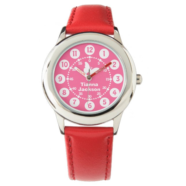 Montre Enfants filles rouge rose et blanc nom complet bra (devant)