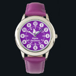 Montre Enfants filles violet & blanc nom complet bracelet<br><div class="desc">Les enfants de l'art graphique regardent avec un simple papillon blanc. Idéal pour les enfants apprenant à lire comme des fonctionnalités à la fois minutes et heures. Personnaliser avec le nom complet de votre enfant exemple dit Katie Jackson.</div>