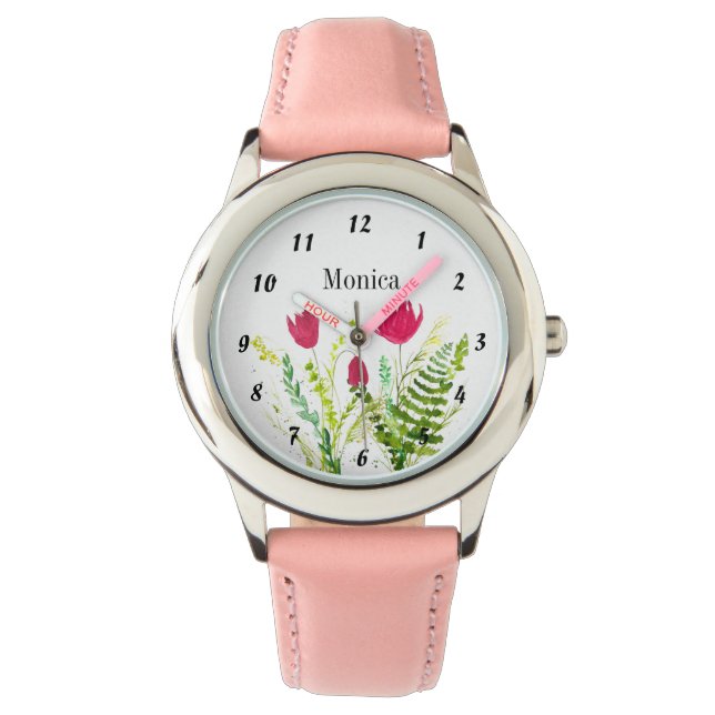 Montre Enfants Fleur sauvage Fleurs botaniques Nom rose (devant)