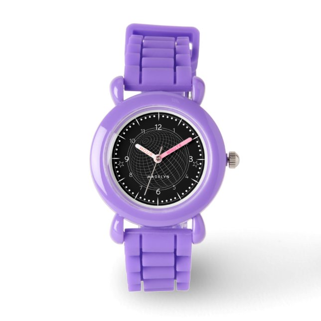 Montre Enfants Noir & Blanc Glob Girl Nom Purple Strap (Recto)