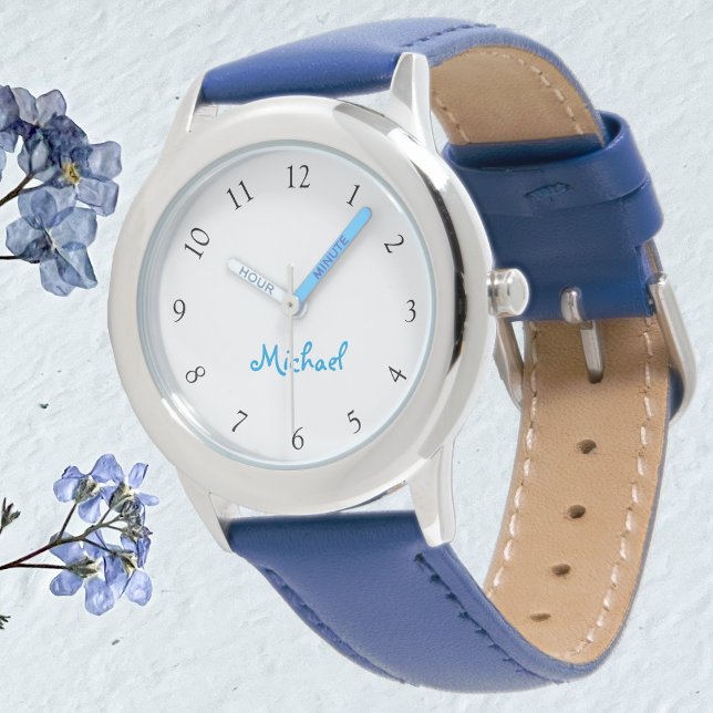 Montre Enfants Nom Blue Leather Strap Boys Custom Watch (Kids Name Blue Leather Strap Boys Custom Watch)