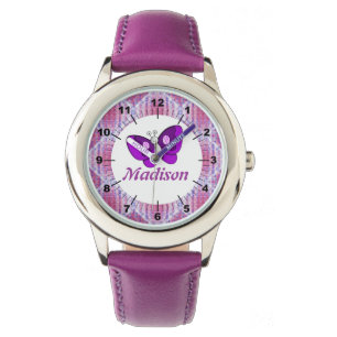 Montre Enfants Nom personnalisé Pink Purple Plaid Papillo