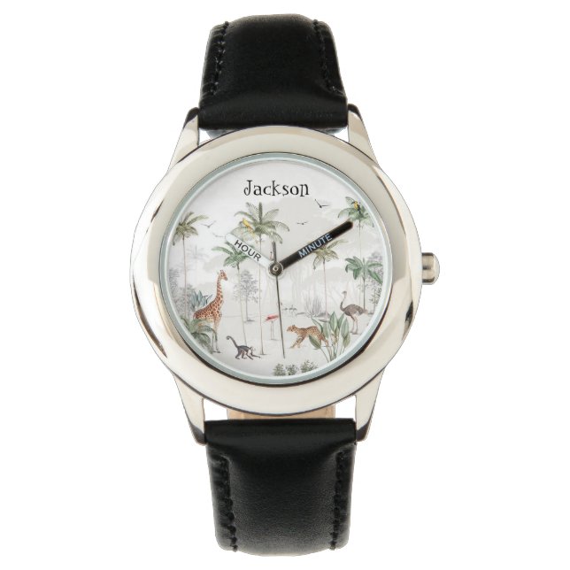Montre Enfants personnalisés Safari Jungle Animaux Nom Re (devant)