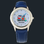 Montre Enfants Train Boys Blue Custom Name<br><div class="desc">Bleu,  train,  transport,  locomotive,  véhicule,  attention aux enfants. Personnalisé,  Enfants,  Nom,  acier bleu garçons montre. Personnalisez-le avec le nom de votre enfant.</div>