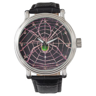 Montre ÉPIDON ET WEB Vert Émeraude Gemmes rose, Noir