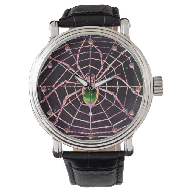 Montre ÉPIDON ET WEB Vert Émeraude Gemmes rose, Noir (devant)