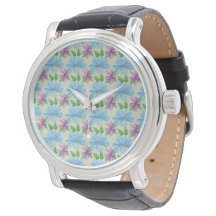 Montre Esthétique à motif floral bleu Fleur aquarelle