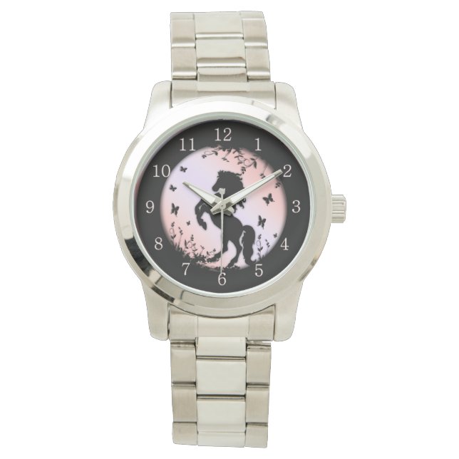 Montre Étalon noir cabré rose (devant)