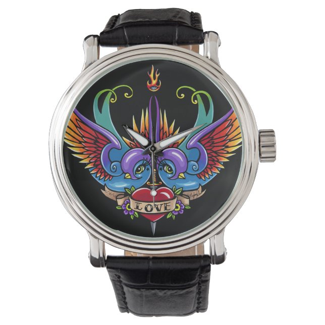 Montre Eternal Love Tattoo Black Leather Watch (devant)