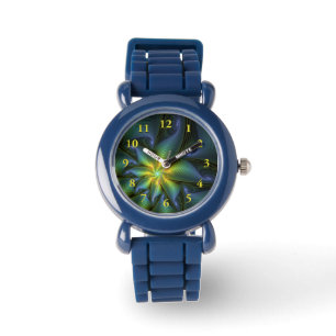 Montre Etoile Abstraite, Bleu brillant Vert Or Fractal Ar