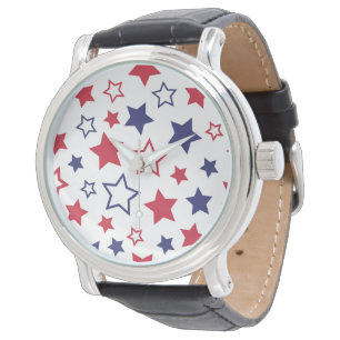 Montre Étoiles rouges et bleues, 4 juillet, fond blanc