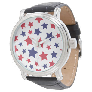 Montre Étoiles rouges et bleues, 4 juillet, fond blanc