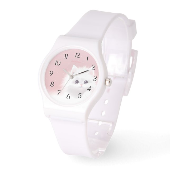 Montre eWatch - Sweet White Fluffy Kitty sur rose (Angle)