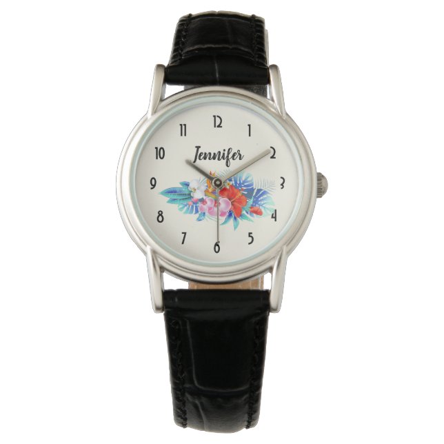 Montre Exotic Tropical Flowers - Pink & Aquamarines (devant)