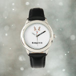 Montre Face de renne mignonne avec nom de noeud rouge<br><div class="desc">Montre un visage de rennes mignon avec des bois, des oreilles, des yeux et le nez rouge. Silhouette moderne et minimaliste. Customisez et personnalisez le nom sous le visage du cerf. Parfait pour les enfants, les ados et les adultes pour les vacances de Noël en décembre. Entrez dans l'esprit festif...</div>