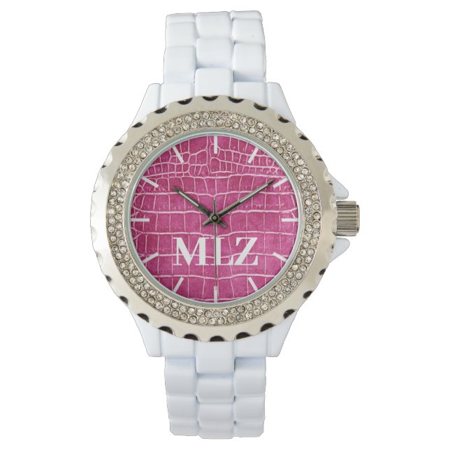 Montre Faire Personnaliser Monogramme Hot rose Faux Croco (devant)