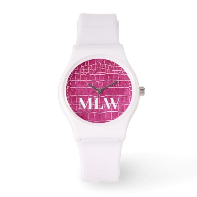 Montre Faire Personnaliser Monogramme Hot rose Faux Croco (Recto)
