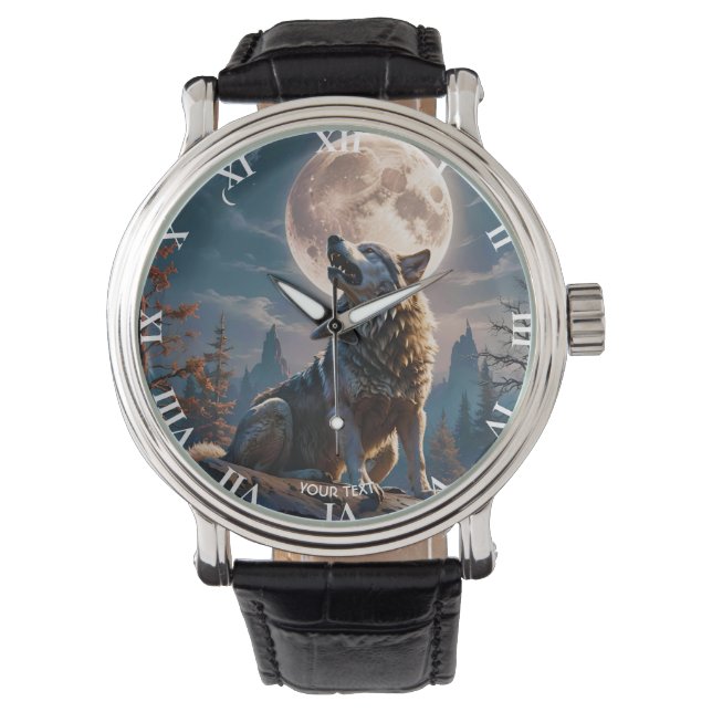 Montre Fantasy Mignonne Loup hurlant vers la lune (devant)