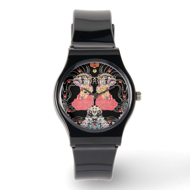 Montre FEMME, CENTAUR FLORAL Rouge Noir Blanc Motif Klimt (Recto)