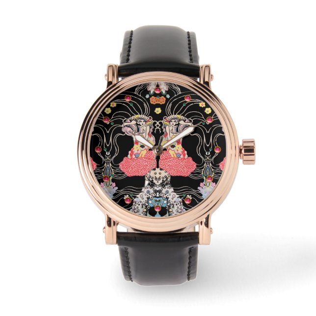 Montre FEMME, CENTAUR FLORAL Rouge Noir Blanc Motif Klimt (Recto)