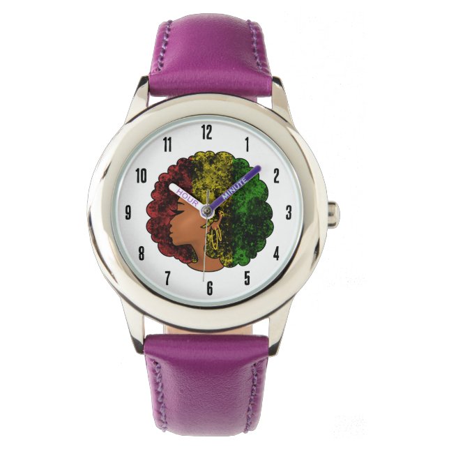 Montre Femme noire rasta afro rouge jaune vert  (devant)