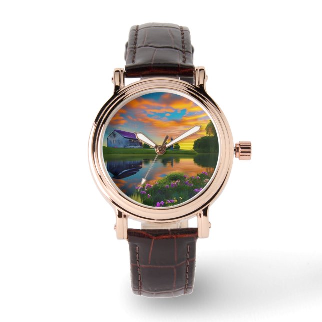 Montre Ferme Toit pourpre Étang à Sunrise (Recto)