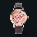 Montre fête du 30e anniversaire corail or dahlia fleurs<br><div class="desc">Une montre branchée pour un cadeau de 30e anniversaire. Avec un faux cadre hexagone en or géométrique. Décoré de fleurs de dahlia aquarellées en rose, crème et corail. Vivre corail avec des pois comme arrière - plan. Modèles pour un nom, 30 ans et une date. Date de naissance ou date...</div>