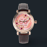 Montre fête du 50e anniversaire corail or dahlia fleurs<br><div class="desc">Une montre branchée pour un cadeau de 50e anniversaire. Avec un faux cadre hexagone en or géométrique. Décoré de fleurs de dahlia aquarellées en rose, crème et corail. Vivre corail avec des pois comme arrière - plan. Modèles pour un nom, 50 ans et une date. Date de naissance ou date...</div>