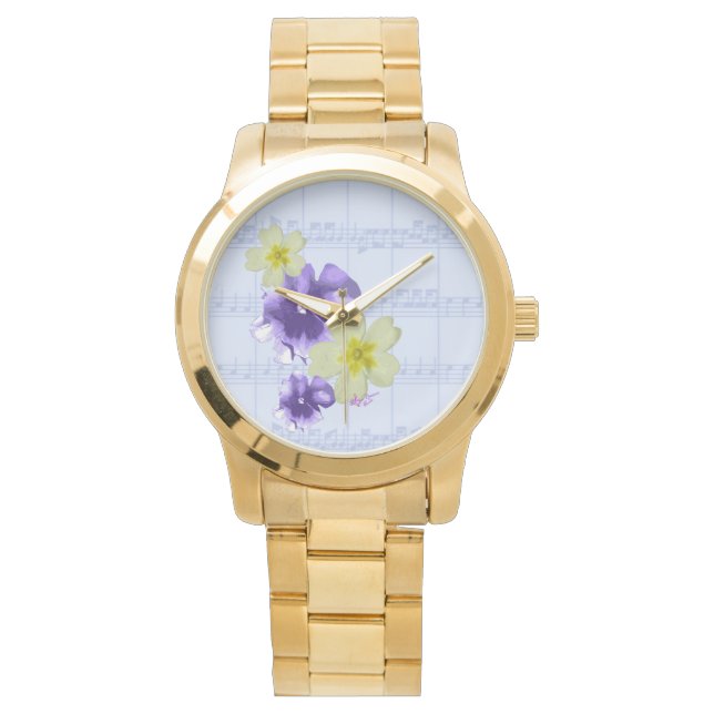 Montre Feuille de fleurs violettes et jaunes Musique Gold (devant)