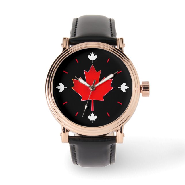 Montre Feuille d'érable canadienne sur fond noir (Recto)