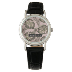 Montre Feuille Tropical Pink & Gold Palm Motif et nom