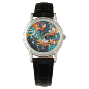 Montre Feuilles et fleurs tropicaux colorés et élégants  