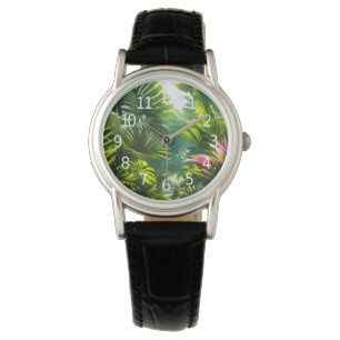Montre Feuilles tropicales colorées et fleurs d'Hibiscus
