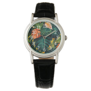 Montre Feuilles tropicales colorées et fleurs d'Hibiscus 