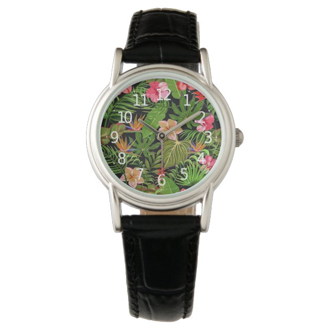 Montre Feuilles tropicaux colorés et fleurs d'Hibiscus | (devant)