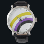 Montre Fierté arc-en-ciel non binaire personnalisée<br><div class="desc">Les couleurs non binaires du jaune, du blanc, du violet et du noir créent l'arc-en-ciel cool sur cette amusante montre personnalisée de fierté. Ils Them bracelet pour un ami non-binaire dans la communauté de genre.</div>