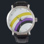 Montre Fierté arc-en-ciel non binaire personnalisée<br><div class="desc">Les couleurs non binaires du jaune,  du blanc,  du violet et du noir créent l'arc-en-ciel cool sur cette amusante montre personnalisée de fierté. Ils Them bracelet pour un ami non-binaire dans la communauté de genre.</div>