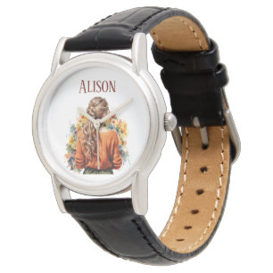 Montre Fille d'automne avec pull tricoté