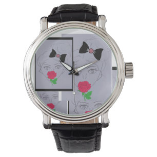 Montre fille mignonne, rose rose, ruban noir