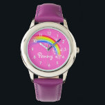 Montre Filles arc-en-ciel nom filles violet enfants regar<br><div class="desc">Des filles regardent des graphismes en arc-en-ciel violet colorés. Personnaliser avec votre nom lit actuellement Penny.</div>