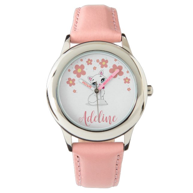 Montre Filles Chat blanc avec fleurs Nom personnalisé (devant)