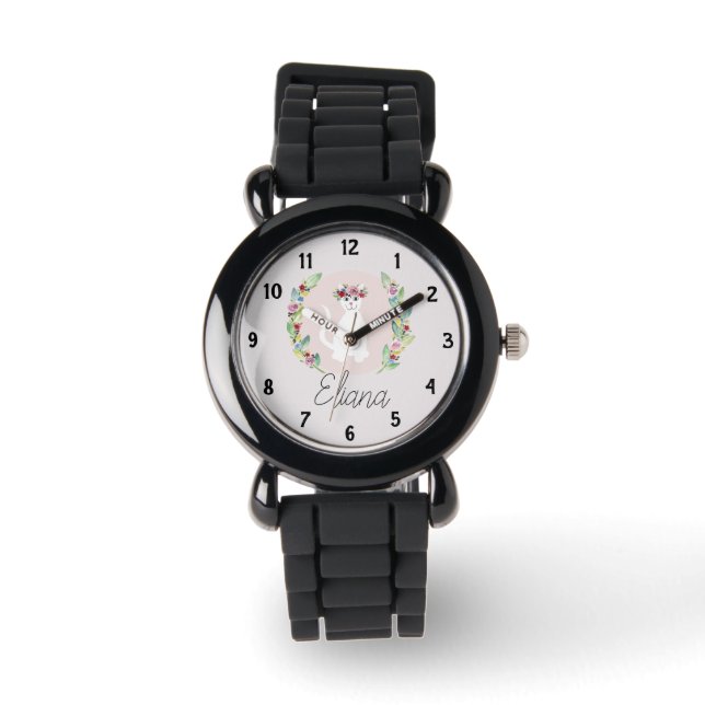 Montre Filles Cute Chat Blanc avec Fleurs et Nom Enfants (Recto)