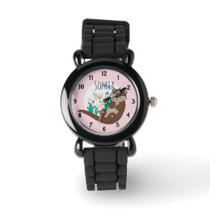Montre Filles Cute Pink River Otter Fleurs et nom Enfants