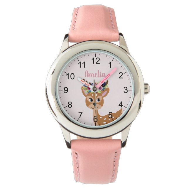 Montre Filles Joli Cerf Rose Floral & Fleurs Enfants (devant)