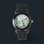 Montre Filles Jolies Fleurs d'aquarelle botanique Enfants<br><div class="desc">Cette jolie montre pour enfant à la main présente de belles fleurs d'aquarelle peintes à la main. Ce design botanique fleuri vous permet également d'ajouter le nom de vos filles,  et comporte des chiffres autour du bord. Parfait pour la première montre d'un enfant !</div>