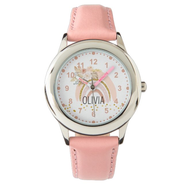 Montre Filles Jote Boho Arc-en-ciel Fleurs rose Nom perso (devant)