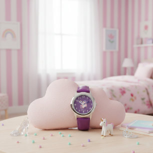 Montre Filles Mignon Licorne Violette Arc-en-ciel & Nom E