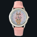 Montre Filles mignonne Floral Aquarelle Rabbit et nom Enf<br><div class="desc">Cette montre mignonne et girly met en vedette un beau lapin brun lapin peint à la main avec une magnifique couronne de fleurs dans ses cheveux. Cette aquarelle fleurie dispose également d'un endroit où vous pouvez ajouter le nom de votre fille dans une typographie élégante. Parfait pour la première montre...</div>